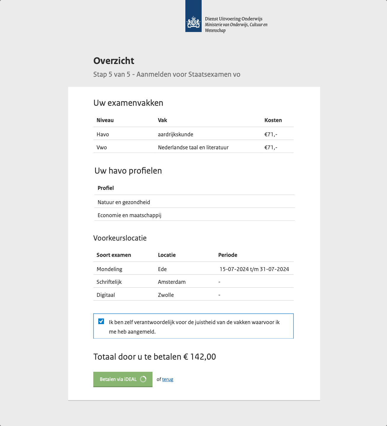 DUO Stap 5/5 - Overzicht with subjects, profielen, voorkeurslocatie, total and iDEAL pay