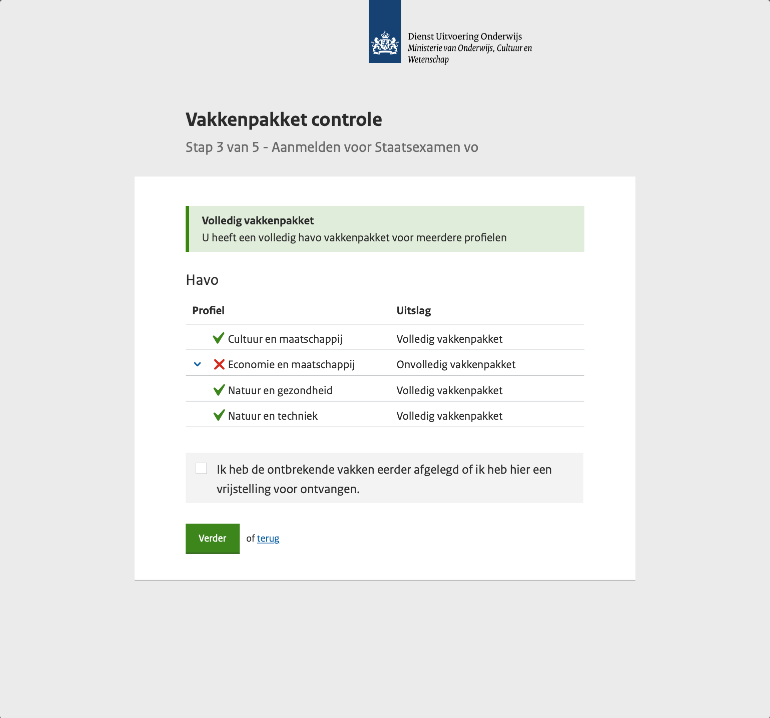 DUO Stap 3/5 - Vakkenpakket controle showing havo profile completeness
