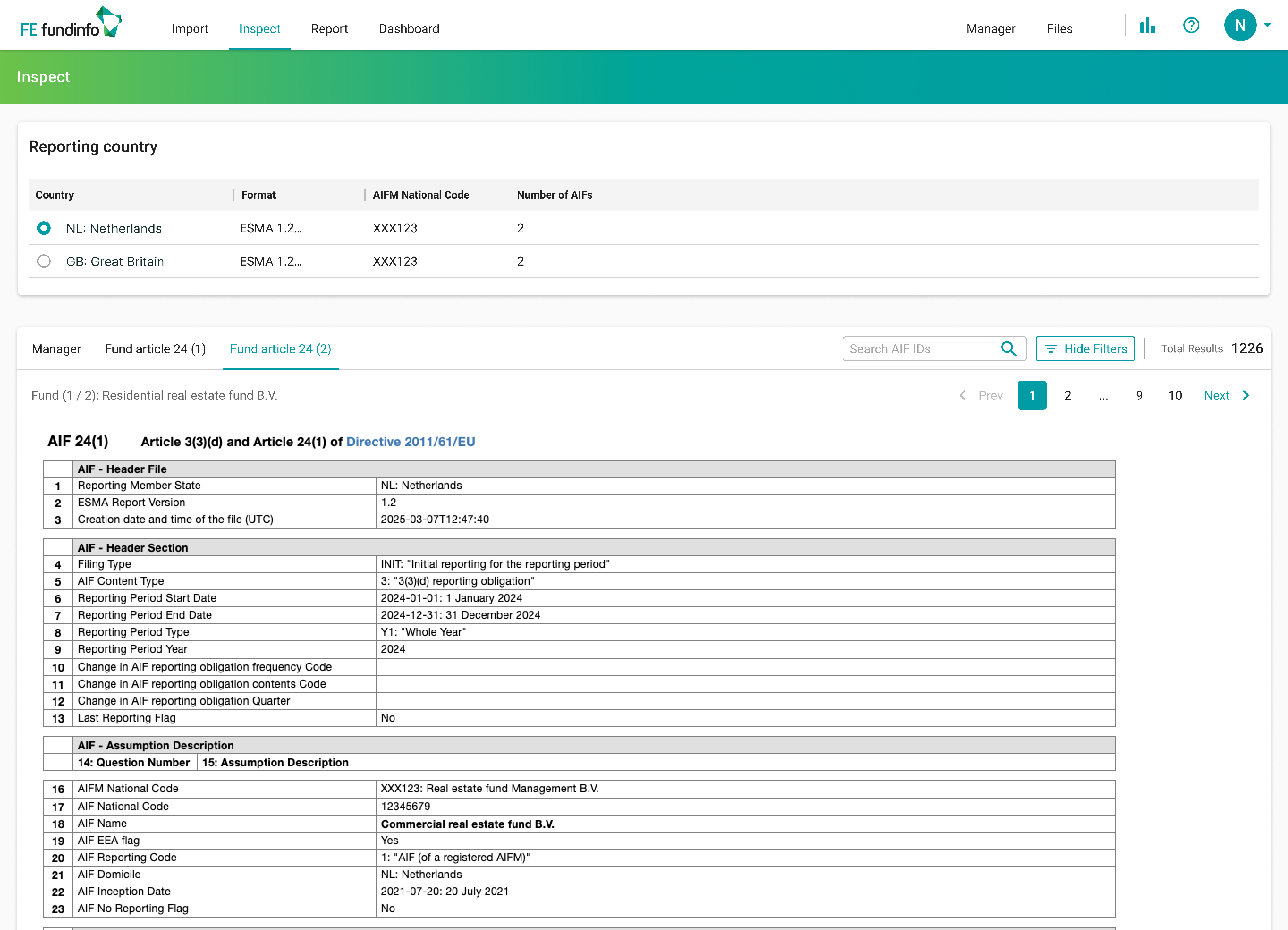 Inspect screen with Fund article 24 (1) active, showing the full header and content code data for an AIF