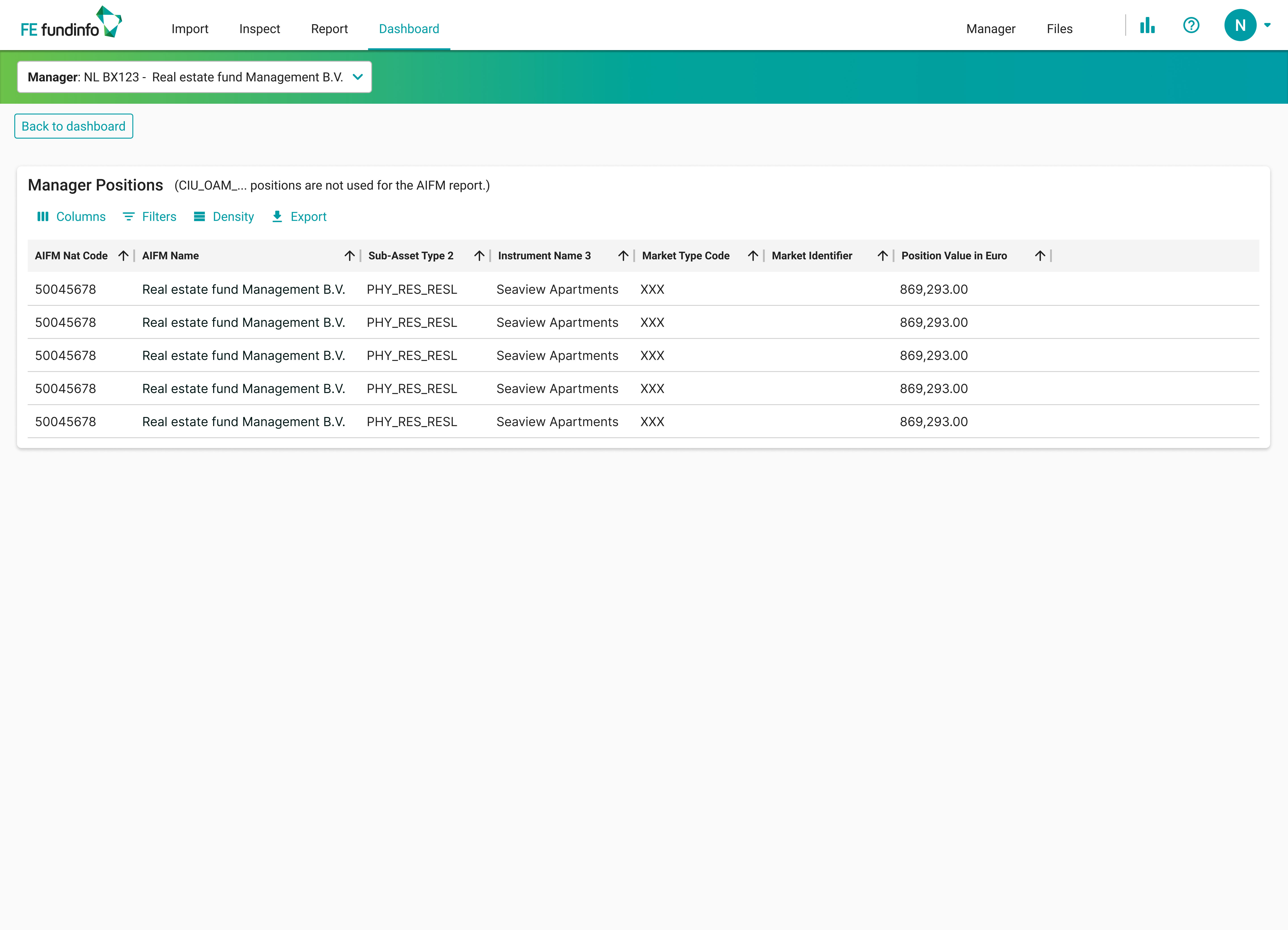 Manager Positions table - AIFM Nat Code, Name, Sub-asset Type, Instrument Name, Market Type, Identifier, Position Value in Euro