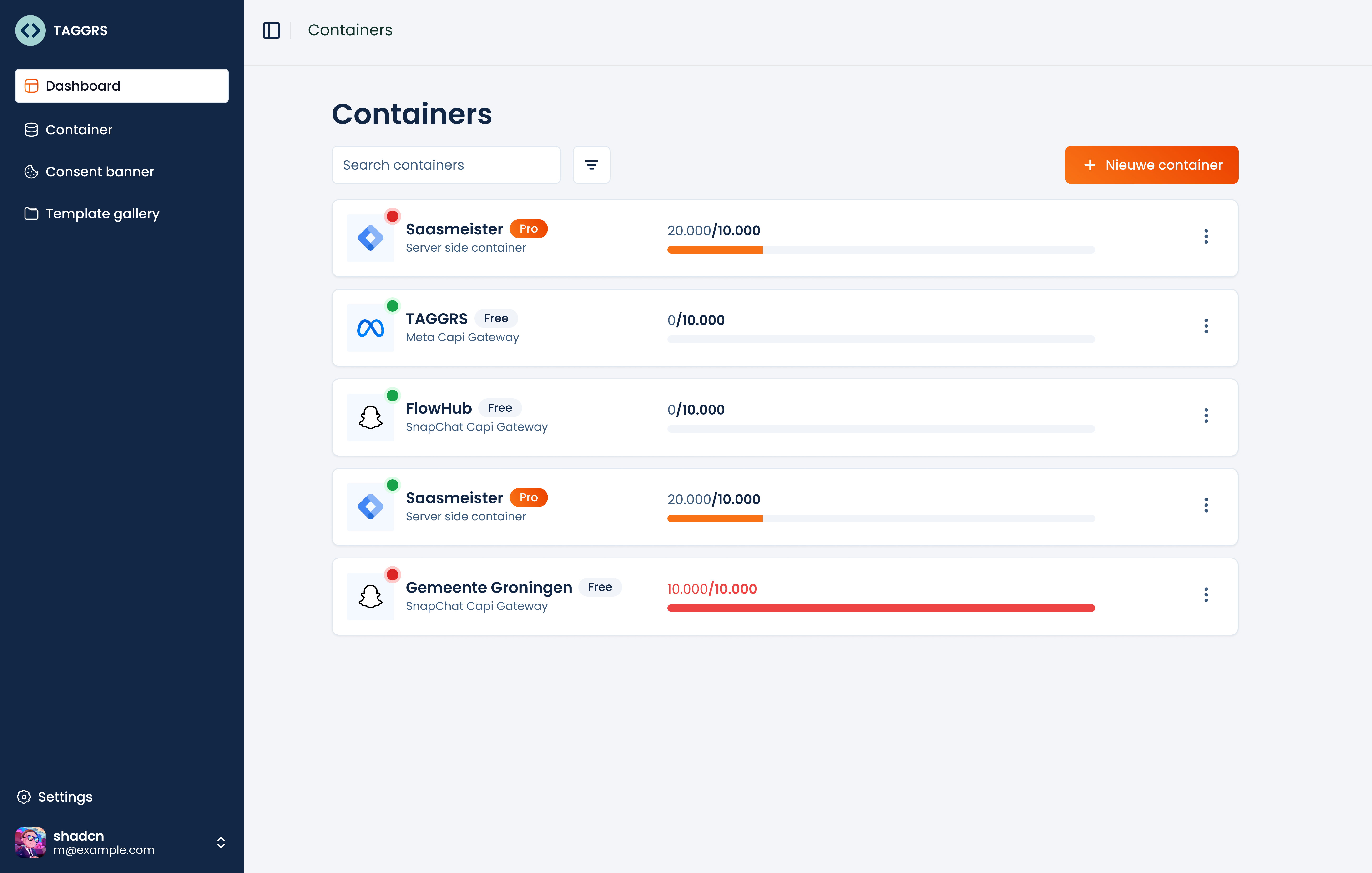 TAGGRS dashboard - container overview screen